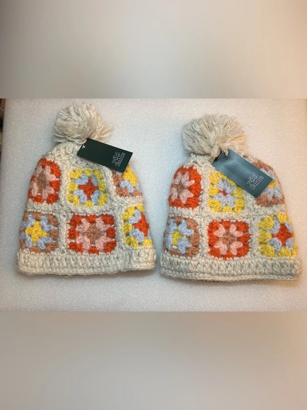 Bundle of 2 - Wild Fable Crochet Granny Square Beanie Hats  Multi Color Pom Pom